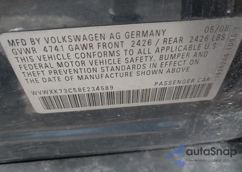 2008 Volkswagen Passat Turbo из США, поврежденный, VIN WVWXK73C58E234589